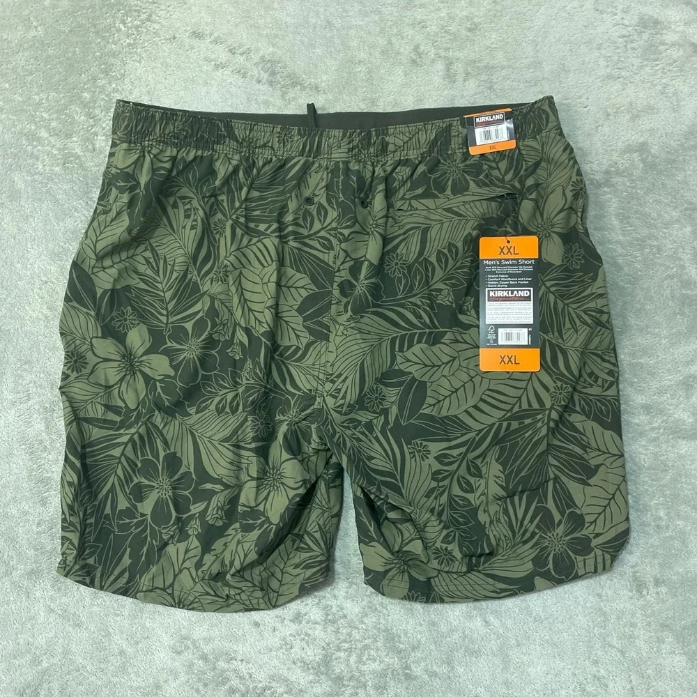 NWT Kirkland Signature Swim Shorts Men's XXL Green Polyester Floral Tropical